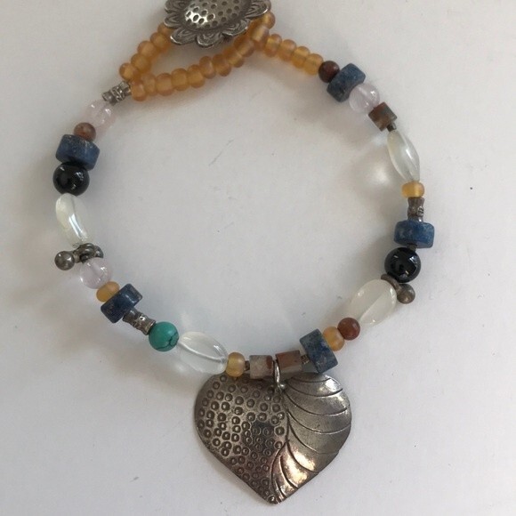 Vintage Handmade Sterling Silver Sunflower Heart Gemstone Bracelet Approx 8 in - Picture 3 of 8